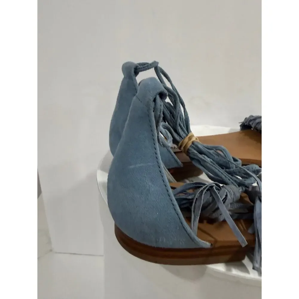 Steve Madden Sweetyy Blue Suede Fringe Lace Up Gladiator Sandals US 7 Ankle Wrap